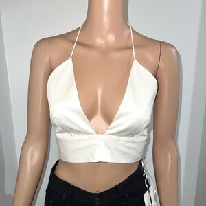 NWT Alexis Linos White Cotton Crop Halter Top Shirt
